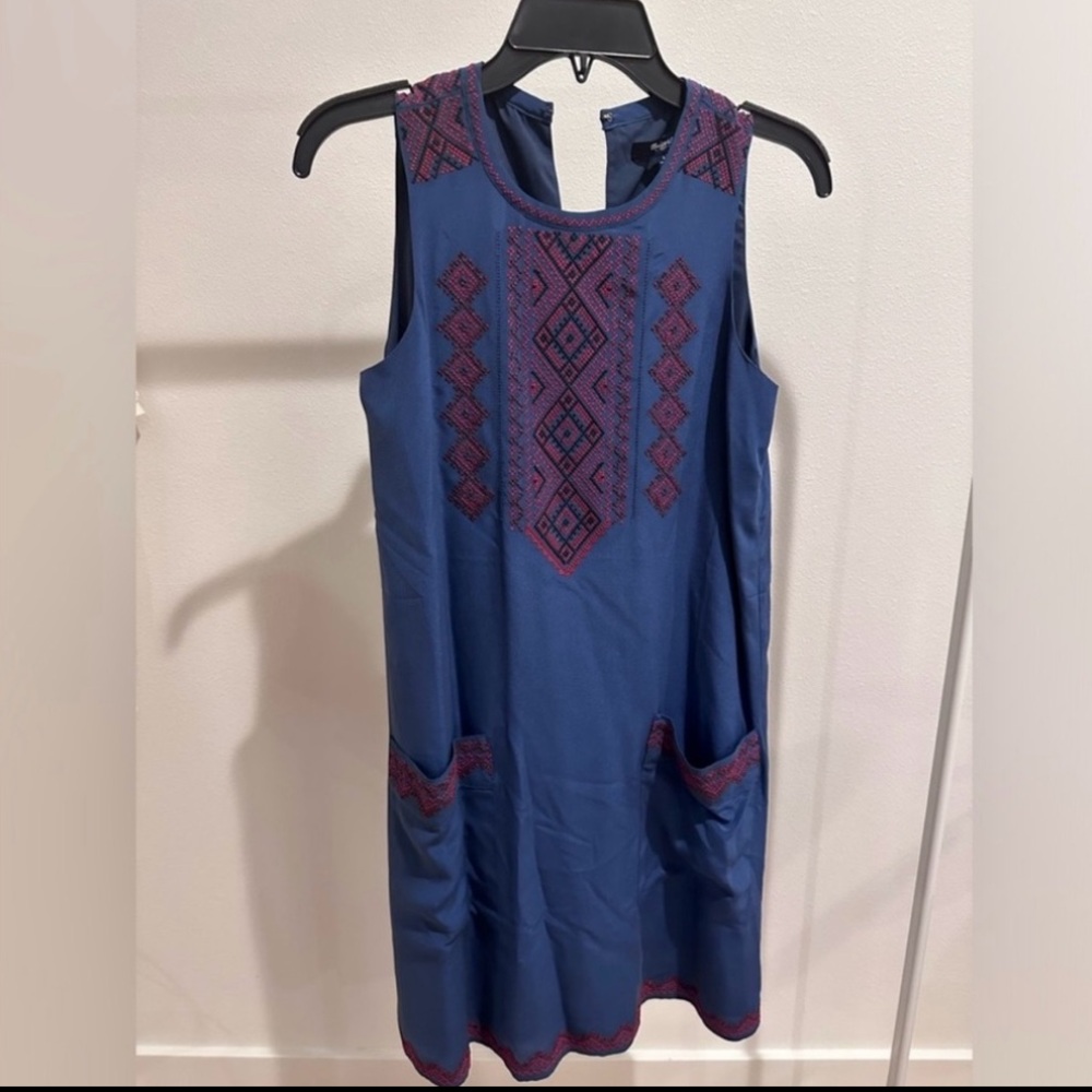 Madewell Silk Shift Dress Blue with Red Aztec Embroidery and Front Pockets NWT